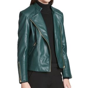 Calvin Klein Green Moto Jacket Faux Leather Moto Jacket Quilted Size XL